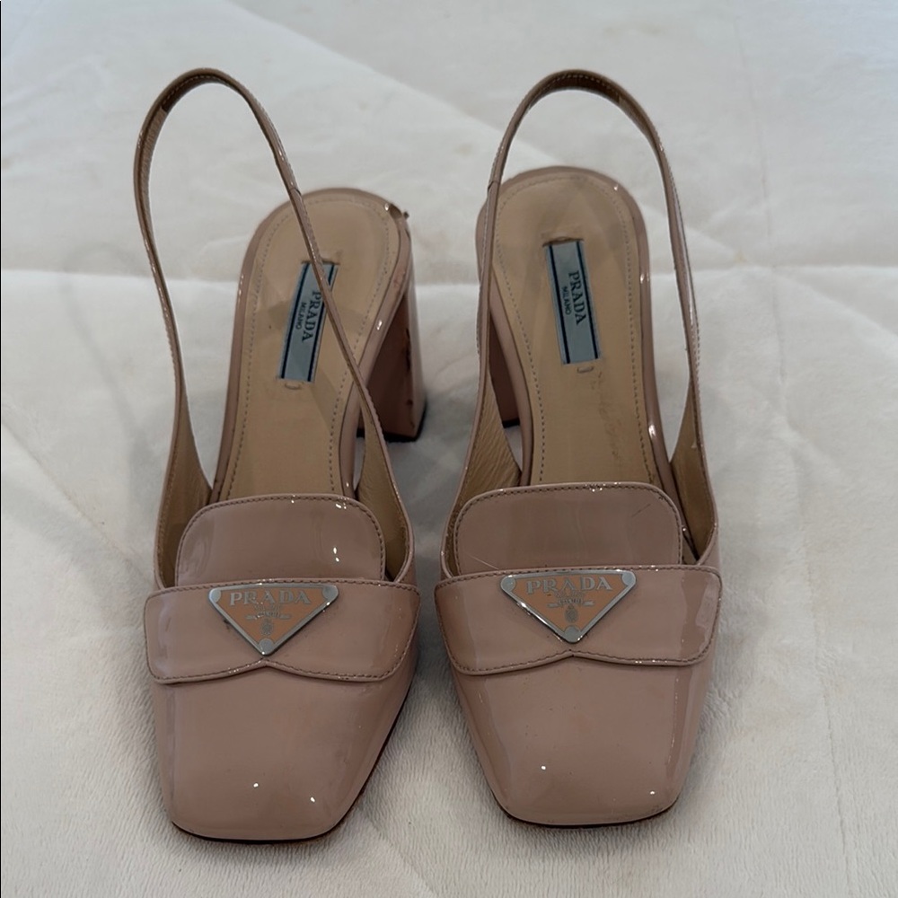 Prada Tan Cream Slingback Heels with Chunky Heel